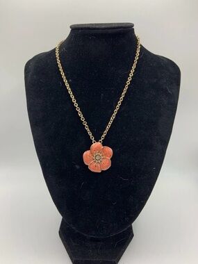 Orange Swirl Enamel Flower Pendant with Rhinestones Necklace Gold Tone 18”